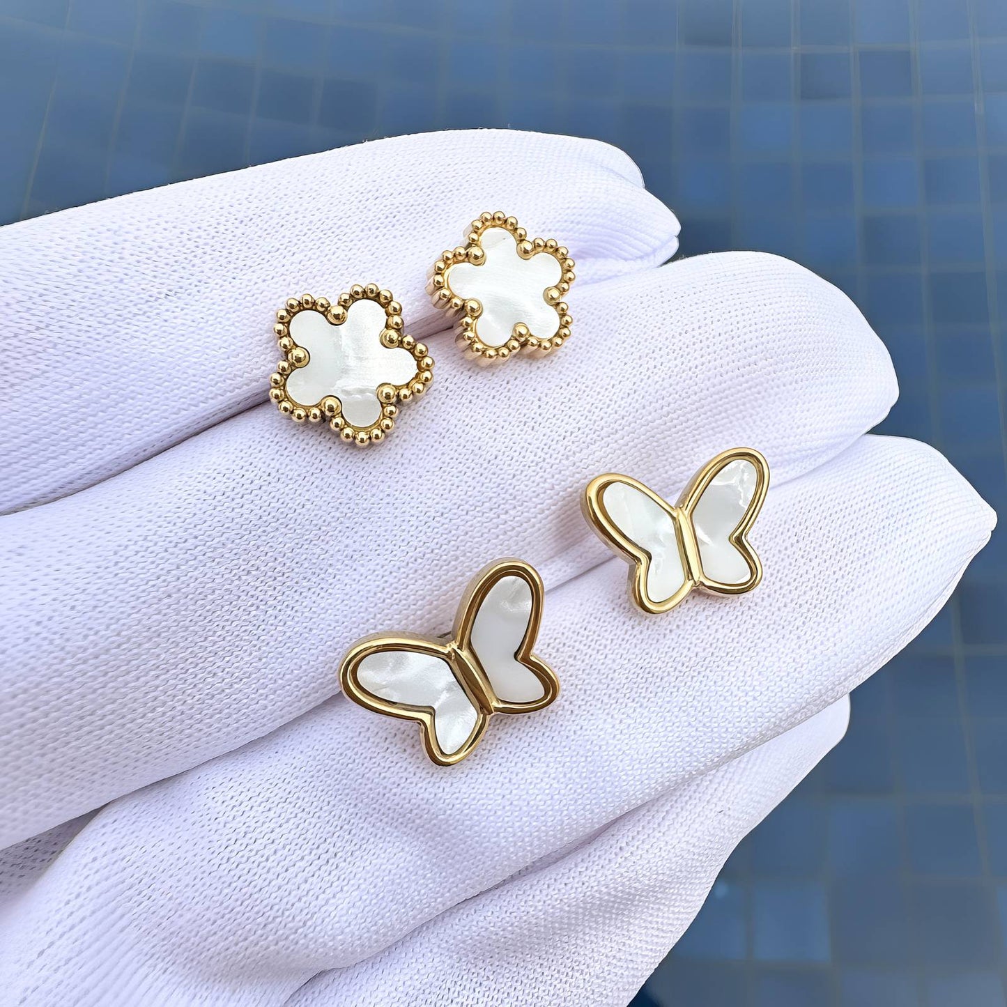 18K Goldplattierte Edelstahl-Ohrringe mit Weißen Schmetterlingen