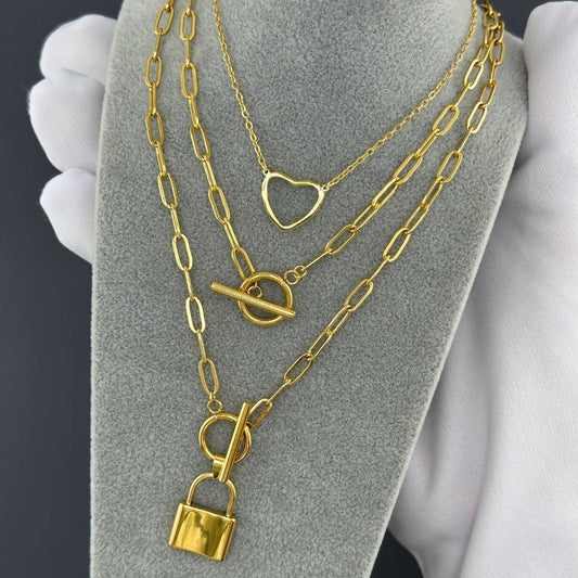 Minimalist 18K Gold Plated Stainless Steel Necklace with Two Heart Pendulums