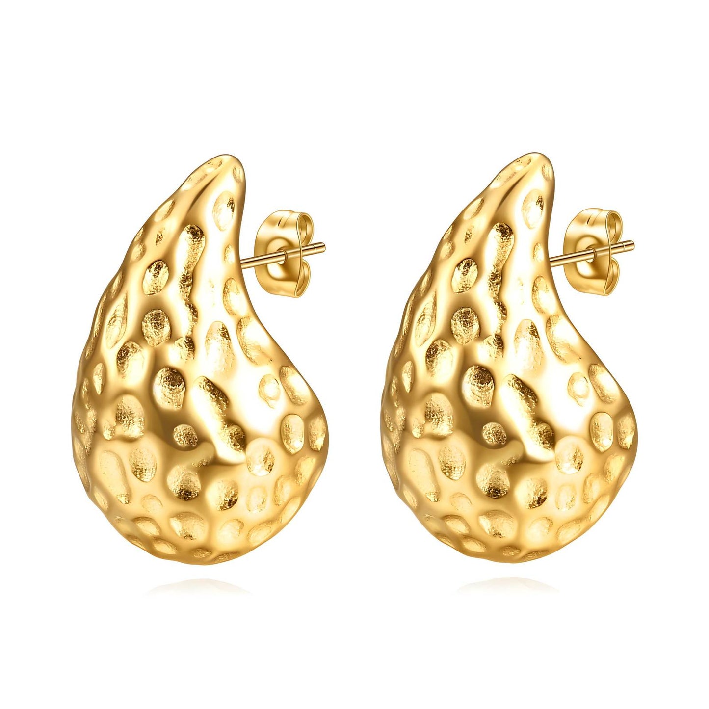 Strukturierte Tropfenohrringe aus 18-karätig vergoldetem Edelstahl, wasserfest und hypoallergen, mit Steckverschluss (3 x 2 cm).