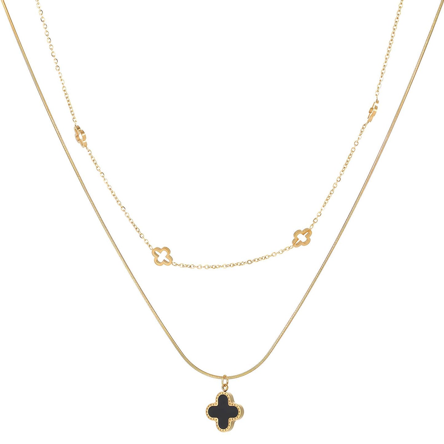 Zwei Ketten, Blumen-Design, Schwarze Steine, 18K Vergoldung, Edelstahl, Hohlblumen, Langlebig, Hypoallergen, Wasserdicht