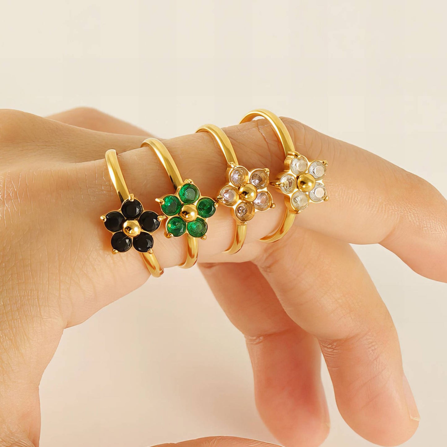 18K Goldplattierter Edelstahl Finger Ring mit Grüne Blume