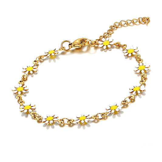 Daisy Flower Meadow Bracelet – 18K Gold Plated Stainless Steel, Enamel, Waterproof & Hypoallergenic (17+5cm)