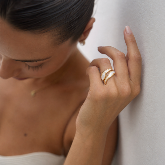 Vergoldeter verstellbarer Finger Ring mit Perlmutt – Edelstahl, Wasserfest, Hypoallergen, Anlaufbeständig
