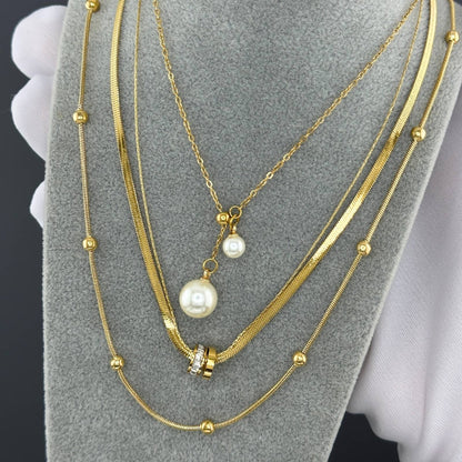 Elegante Perlen-Halskette aus Edelstahl mit Goldbeschichtung – Wasserdicht & Hypoallergen, 45 + 5 cm Verstellbar