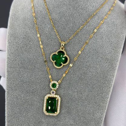 18K Gold Plated Stainless Steel Necklace with Green Zirconia and Flower Shape Pendant