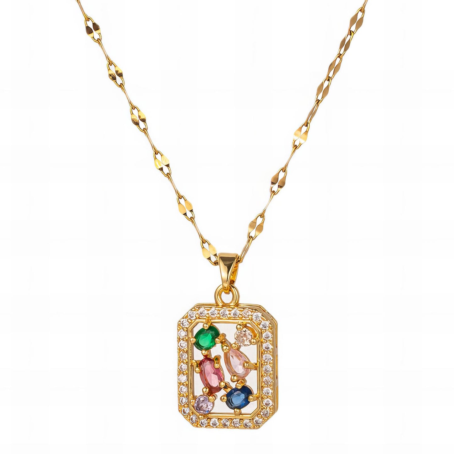 18K Goldplattierte Edelstahl Halskette mit Multicolor Steinen und Weißem Zirkonia-Pendant