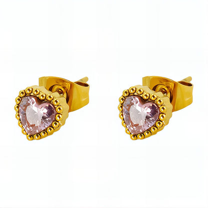 18K Goldplattierte Edelstahl Herzförmige Ohrringe mit rosa Herz
