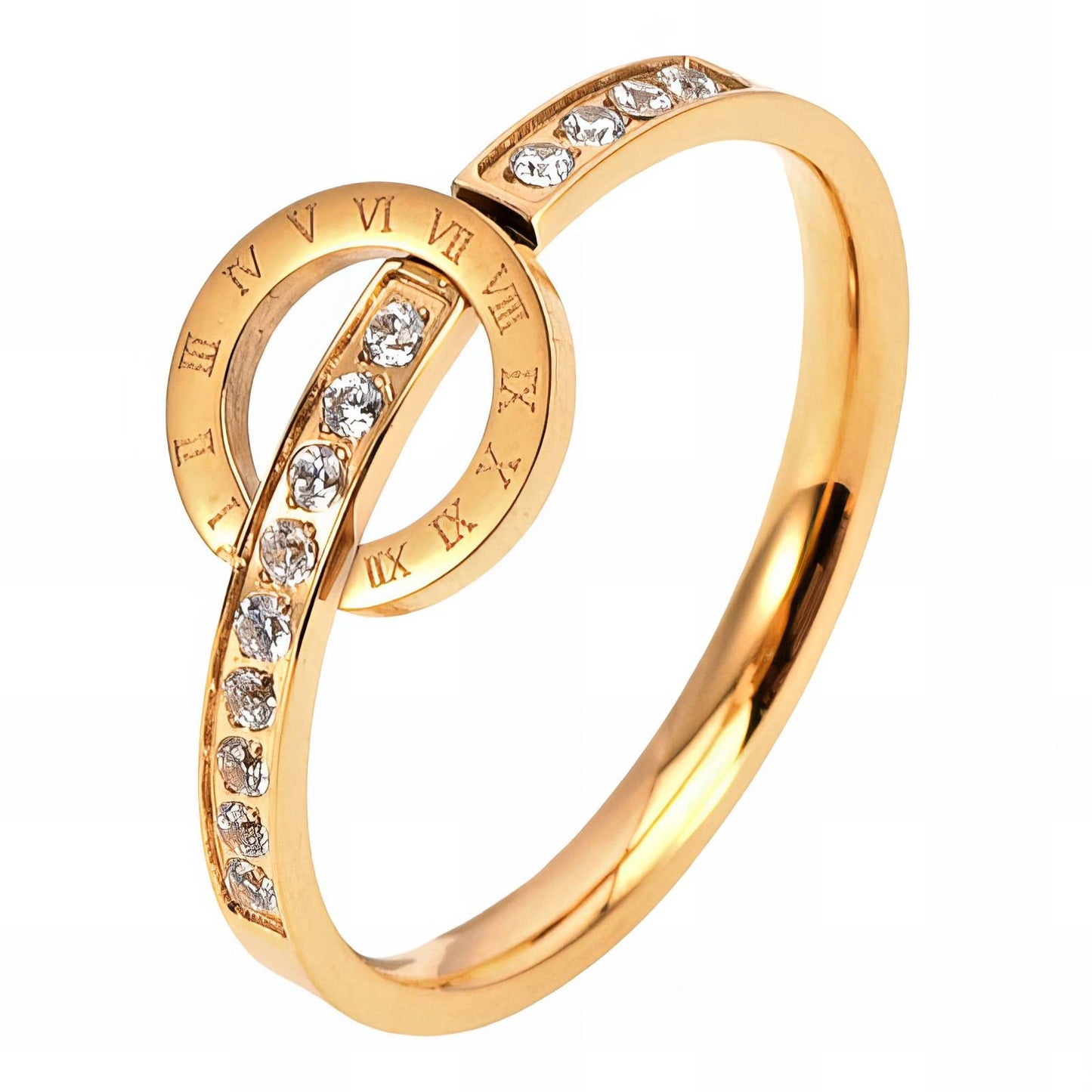 18K Goldplattierung auf Edelstahl, Weiße Cubic Zirconia-Steine, Römische Ziffern von 1 bis 12, Hypoallergen, Leicht und komfortabel, Feminines, elegantes Design